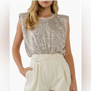 Sequin Shoulder Pad Top- endless rose- size small